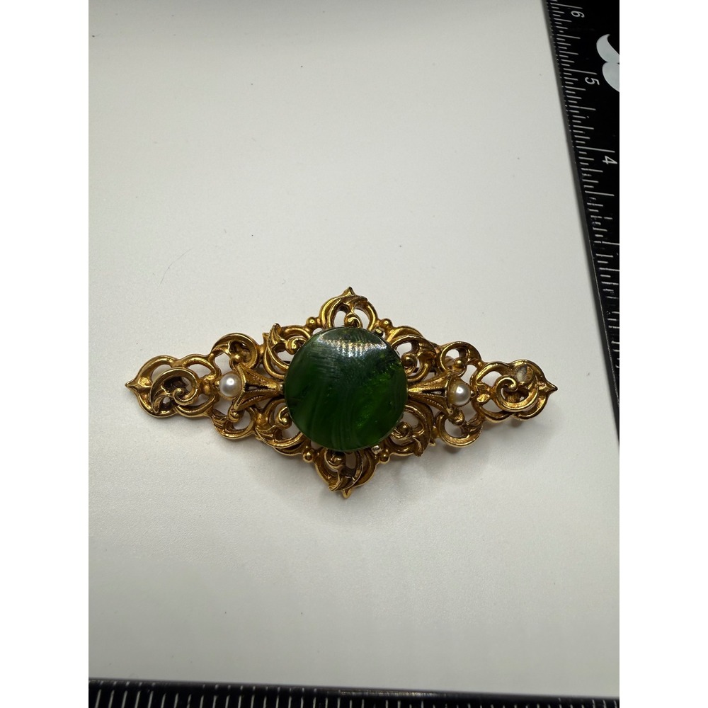 Vintage Florenza Green Art Glass Faux Pearl Gold Tone Ornate Brooch Pin
